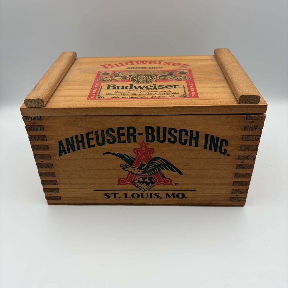 Anheuser-Busch Budweiser St Louis MO 10x6x6 Wooden Beer Crate Hinged Lid